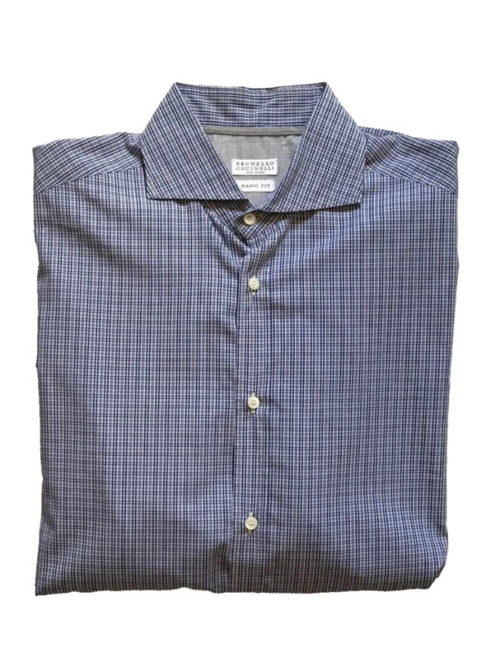 Brunello Cucinelli Basic Fit Button Down Shirt Mens Large Navy Blue White Plaid